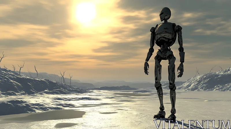 Solitary Robot Amidst a Desolate Terrain at Dusk AI Image