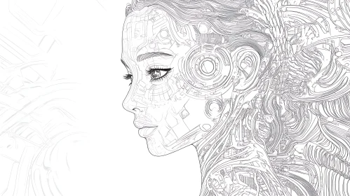 Female Cyborg Profile Line Drawing