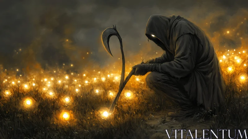 AI ART Hooded Reaper with Scythe in Mystic Field