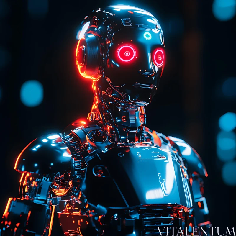 Illuminated Cyborg in Neon Red and Blue AI Image