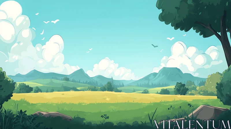 Scenic Field and Mountain Illustration AI Image