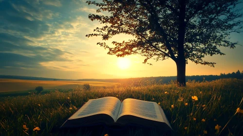 Open Book in Field at Sunset
