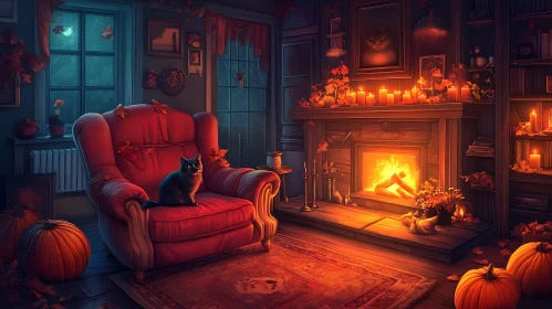 Warm Interior with Cat and Pumpkins