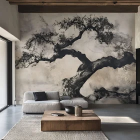 Monochrome Tree Mural in Modern Interior