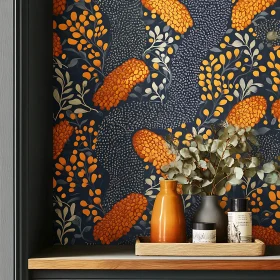 Orange Floral Wallpaper and Shelf Decor