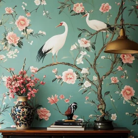 Vintage Floral with Cranes Art Piece