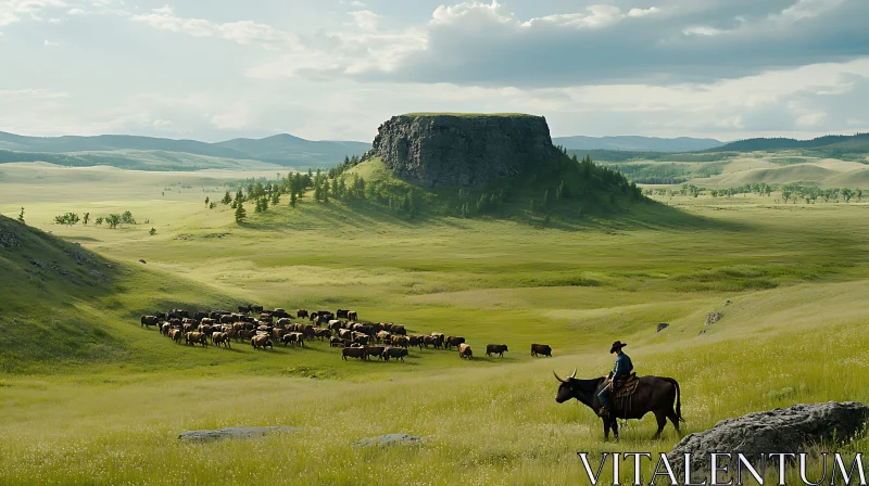 Rural Landscape with Cowboy and Cattle AI Image