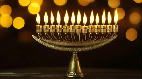 Golden Hanukkah Menorah with Lit Candles