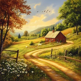 Idyllic Countryside Scene with Red Farmhouse