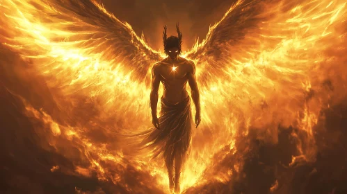 Winged Figure Amidst Blazing Flames