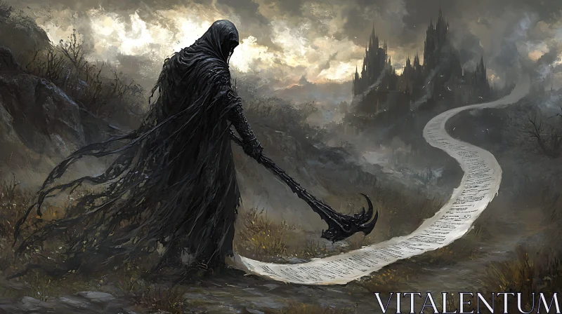 AI ART Cloaked Figure with Scythe and Scroll