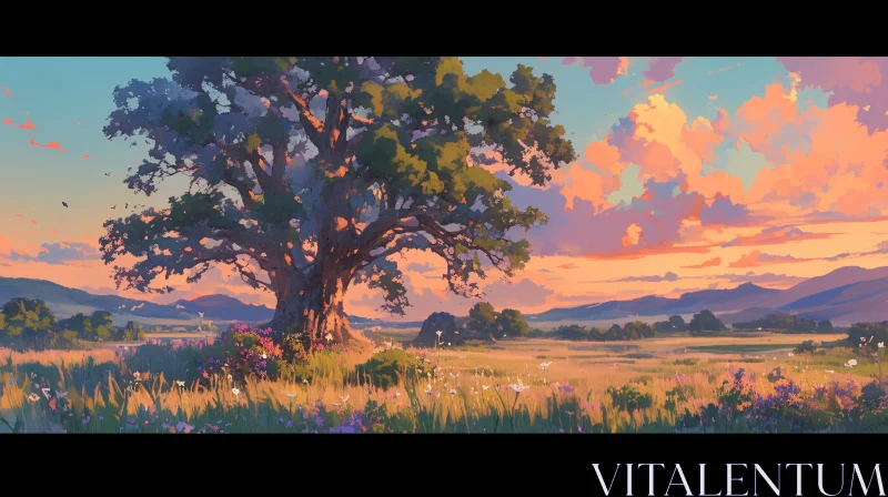 Tranquil Sunset Scene with Tree AI Image