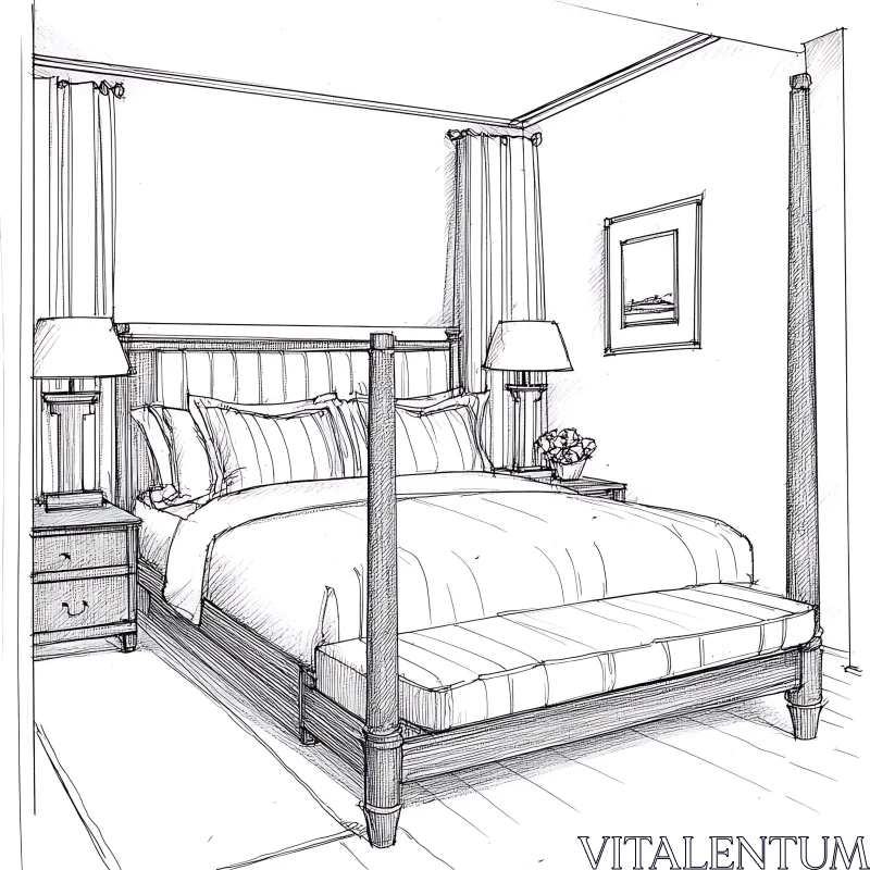 AI ART Bedroom Interior Sketch with Four-Poster Bed