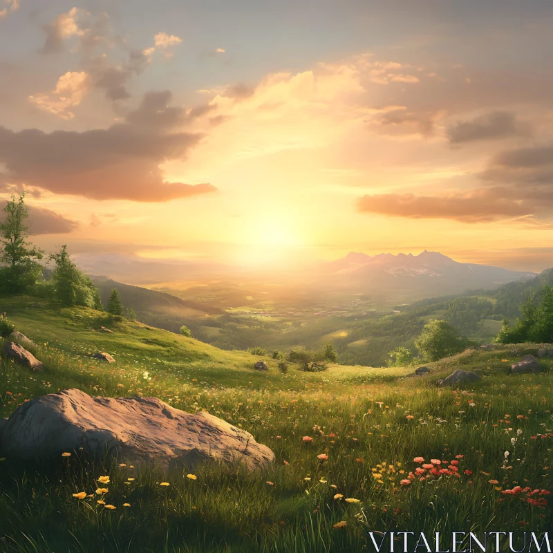 Sunset over Green Field with Mountain View AI Image