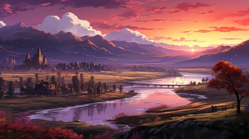 Anime Art Mountain Landscape with River in Violet and Red