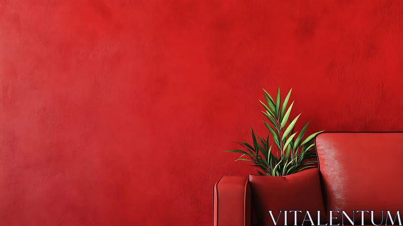 AI ART Minimalist Red Room with Green Plant