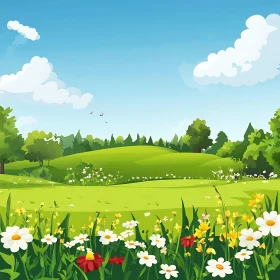 Cartoon Flower Field and Green Hills