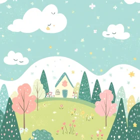 Whimsical Cartoon Meadow with Cute House