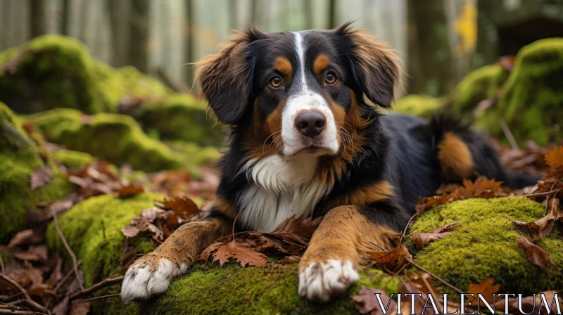 Bernese Mountain Dog Reclining in Forest - Naturalistic Portrait AI Image
