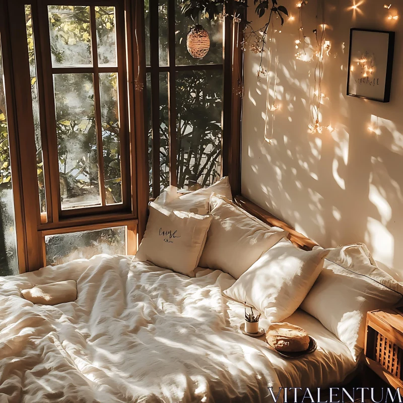 Peaceful Bedroom with Sunlight and Pillows AI Image