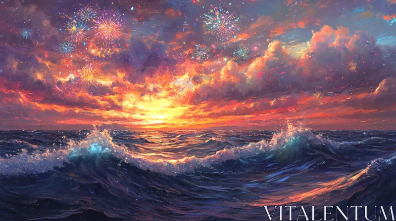 AI ART Sunset Ocean Waves with Fireworks