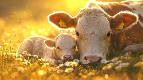 Mother Cow and Calf in Meadow
