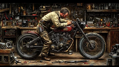 Mechanic Repairing Classic Bike in Garage