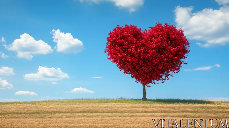 AI ART Red Heart Tree in a Sunny Field