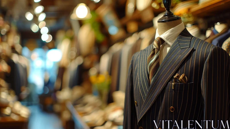 Elegant Dark Blue Striped Suit on Mannequin in Store AI Image
