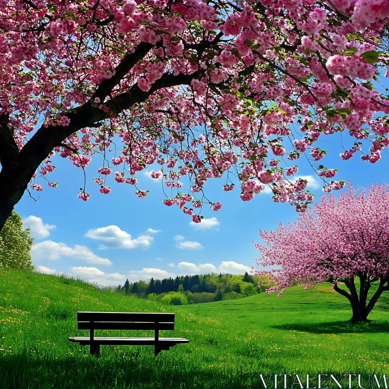 AI ART Cherry Blossom and Bench in Spring