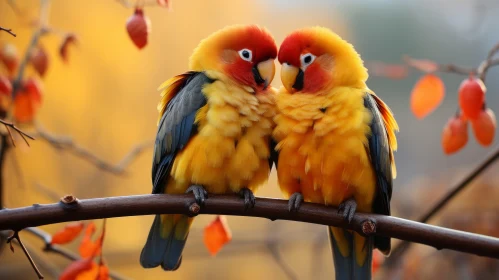 Romantic Autumn Encounter: Parrots in Love