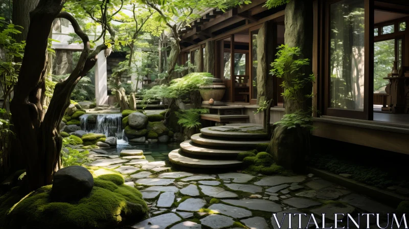 Serene Japanese Garden: Dreamlike Architecture and Organic Stone Carvings AI Image