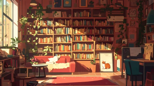 Sunlit Bookshelf in a Relaxing Room