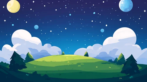 Cartoon Night Scene with Planets and Stars