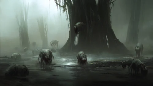 Grotesque Figures in Foggy Swamp