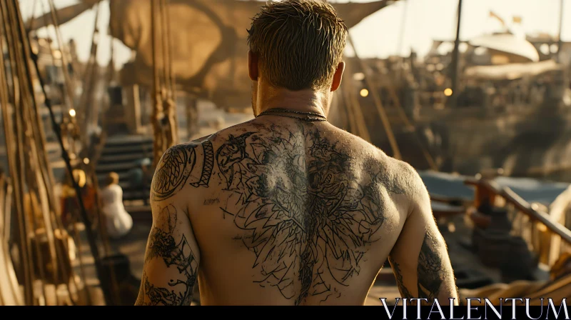 Man with Elaborate Tattoos on a Wooden Ship AI Image