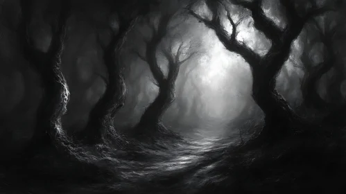 Mystical Dark Forest with Bare Trees