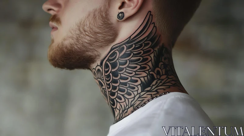 Detailed Black Ink Wings Tattoo on Neck AI Image