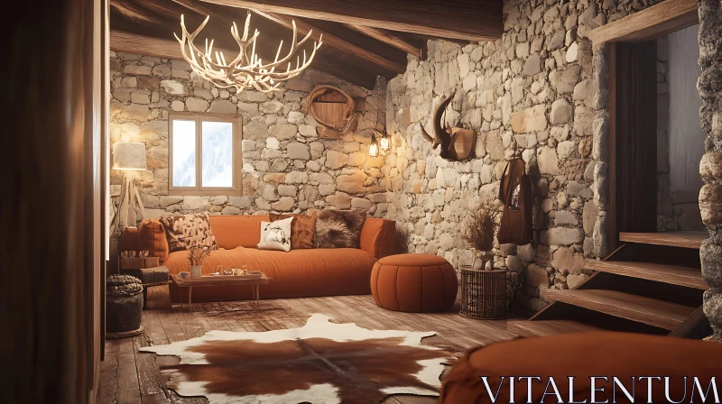 AI ART Cozy Living Room with Stone Walls