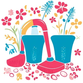 Whimsical Cleaning Tools and Floral Arrangement