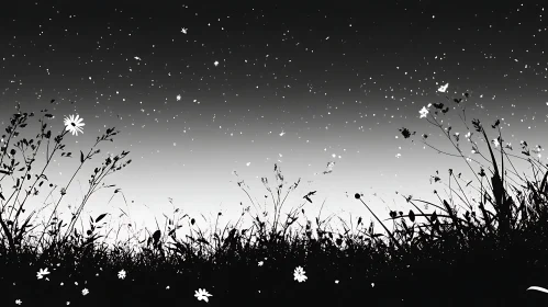 Black and White Starry Night Field