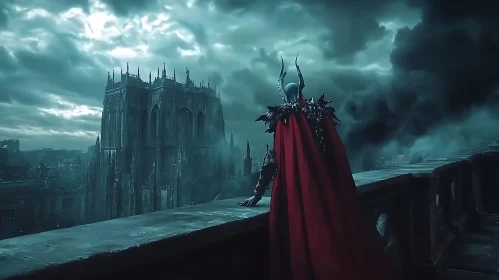 Warrior in Red Cape, Gothic City View