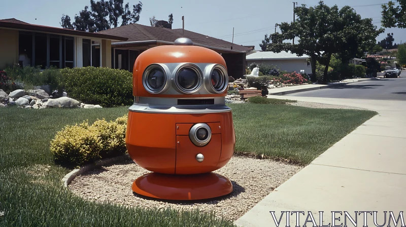 AI ART Retro Robot Sculpture in Suburban Garden