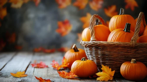 Rustic Autumn Pumpkin and Leaves Still Life