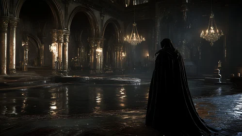 Cloaked Figure in Dark Gothic Hall