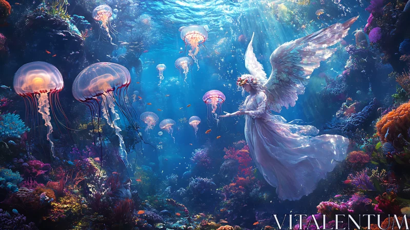 AI ART Underwater Angel with Jellyfish