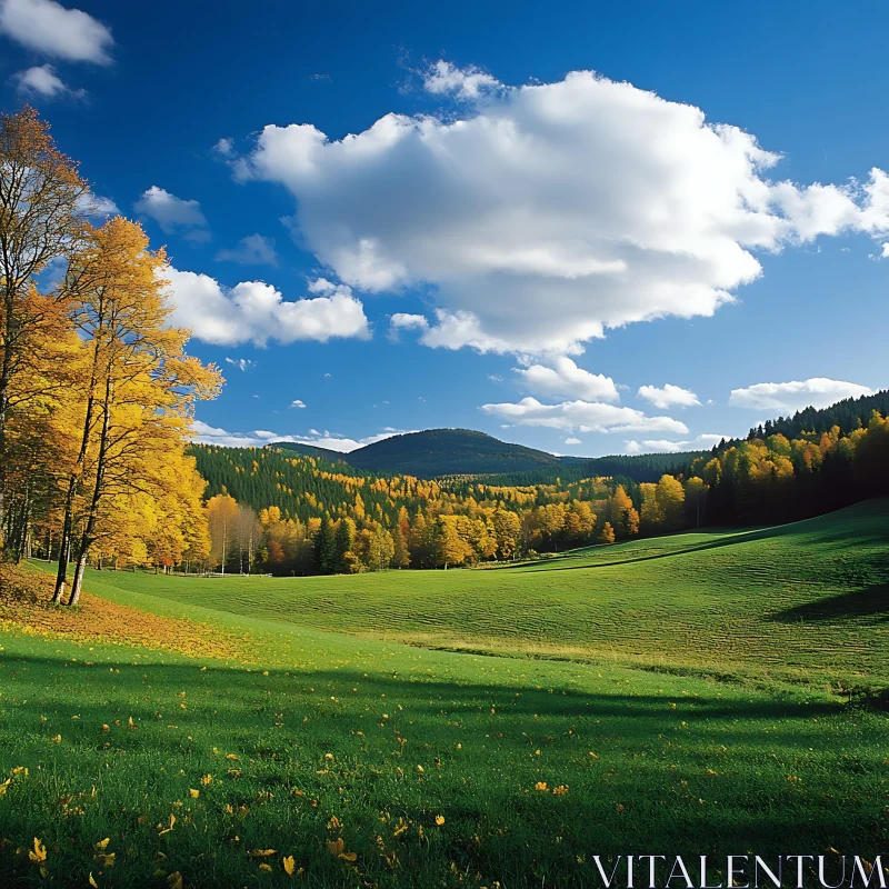 Golden Trees and Green Field Landscape AI Image