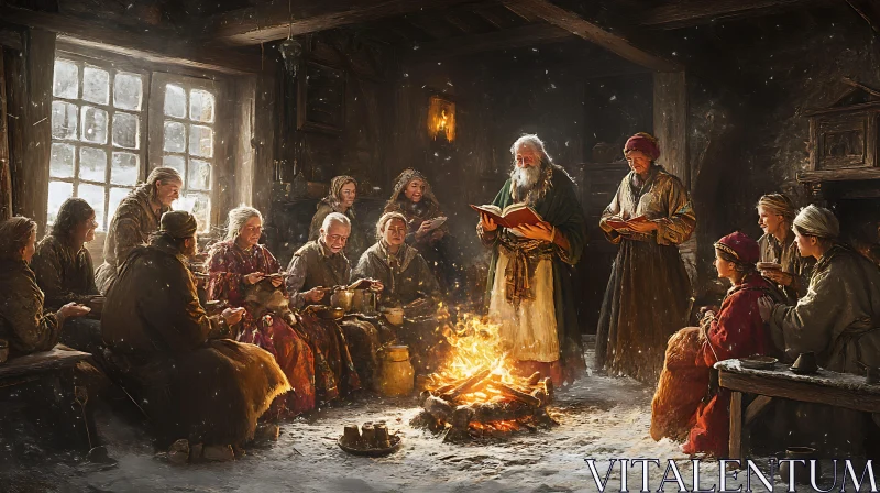 Rustic Winter Storytelling by the Fire AI Image