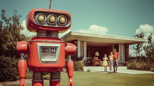 Vintage Robot and Family Scene