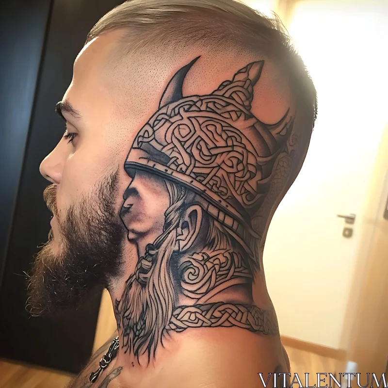 Intricate Viking Tattoo on Man's Side Head AI Image